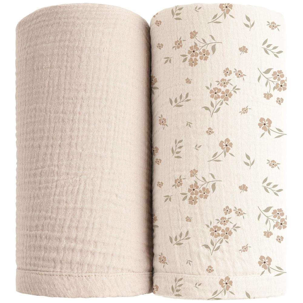 imageKonssy Muslin Swaddle Blankets for Boys Girls 2 Pack Receiving Baby Blanket Large 47 x 47 inches Soft Breathable Swaddling Wrap for Unisex Newborn Pink FloralBlossom cream