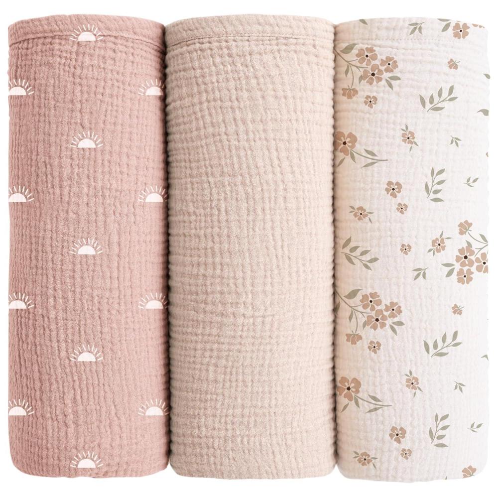 imageKonssy Muslin Swaddle Blankets for Boys Girls 2 Pack Receiving Baby Blanket Large 47 x 47 inches Soft Breathable Swaddling Wrap for Unisex Newborn Pink FloralPeach Blossom Sun