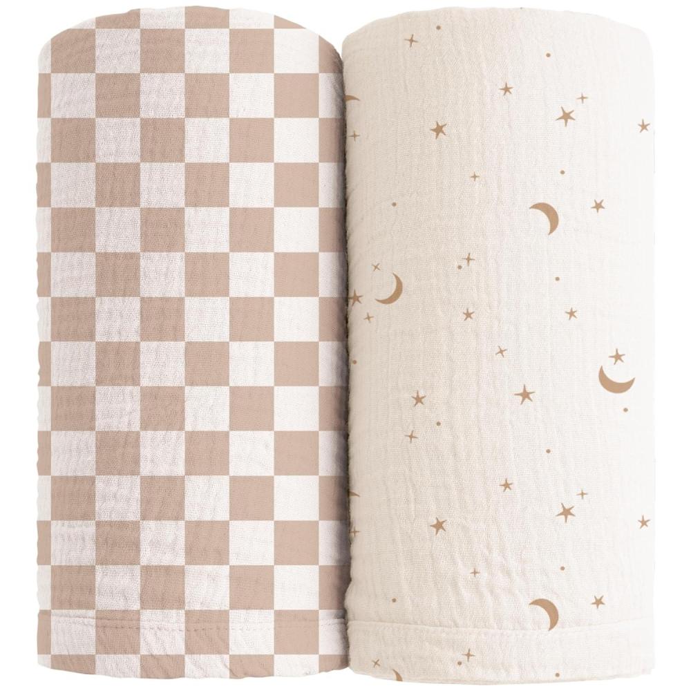 imageKonssy Muslin Swaddle Blankets for Boys Girls 2 Pack Receiving Baby Blanket Large 47 x 47 inches Soft Breathable Swaddling Wrap for Unisex Newborn Pink FloralCoffee Check moon