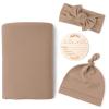 imageKonssy Baby Girl Newborn Receiving Blanket with Matching Headband and Beanie Set Baby Swaddle Nursery Swaddle WrapBrown