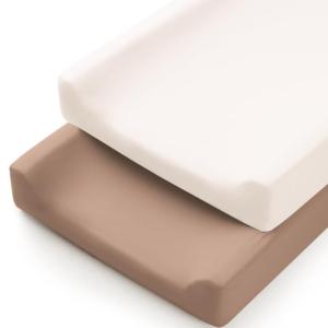 imageKonssy 2 Pack Stretchy Changing Pad Covers for Girl Boy Silky Soft Changing Table Cover Breathable Baby Nursery Diaper Chang Pad Sheets Pink SpringPinkBrown Beige