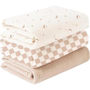imageKonssy 3 Pack Muslin Swaddle Blankets for Unisex Newborn Receiving Blanket Large 47 x 47 inches Soft Breathable Muslin Baby Swaddles for Boys ampamp GirlsMoon