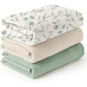 imageKonssy 3 Pack Muslin Swaddle Blankets for Unisex Newborn Receiving Blanket Large 47 x 47 inches Soft Breathable Muslin Baby Swaddles for Boys ampamp GirlsGreen Leaves