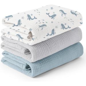 imageKonssy 3 Pack Muslin Swaddle Blankets for Unisex Newborn Receiving Blanket Large 47 x 47 inches Soft Breathable Muslin Baby Swaddles for Boys ampamp GirlsWhale