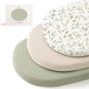 imageKonssy 3 Pack Stretchy Bassinet Sheets for Baby Girl Boy Soft Breathable Baby Bassinet Mattress Sheets Fit for Hourglass Oval Cradle Moses Basket Rectangle Mattress Pink SpringGreen Leaves