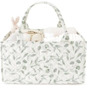 imageKonssy Baby Diaper Bag Caddy Organizer Nappy Bag Newborn Baby Essentials Gift for Baby Shower Baby Registry Portable Nursey Basket with Removable Divider Must Haves for Baby Girls and BoysGreen Leaves