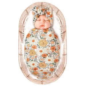 imageKonssy Baby Girl Newborn Receiving Blanket with Headband Set Baby Swaddle Nursery Swaddle WrapBeige