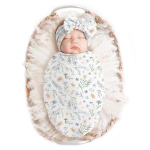 imageKonssy Baby Girl Newborn Receiving Blanket with Headband Set Baby Swaddle Nursery Swaddle WrapBlue Grass