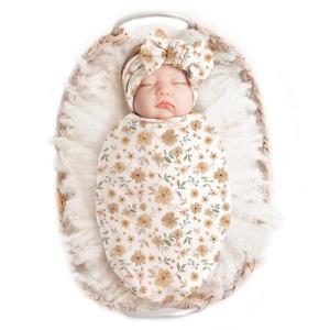 imageKonssy Baby Girl Newborn Receiving Blanket with Headband Set Baby Swaddle Nursery Swaddle WrapFloral