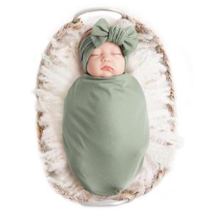 imageKonssy Baby Girl Newborn Receiving Blanket with Headband Set Baby Swaddle Nursery Swaddle WrapFog Green