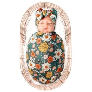 imageKonssy Baby Girl Newborn Receiving Blanket with Headband Set Baby Swaddle Nursery Swaddle WrapGreen