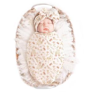 imageKonssy Baby Girl Newborn Receiving Blanket with Headband Set Baby Swaddle Nursery Swaddle WrapPink Spring