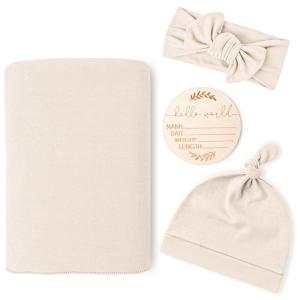 imageKonssy Baby Girl Newborn Receiving Blanket with Matching Headband and Beanie Set Baby Swaddle Nursery Swaddle WrapBeige
