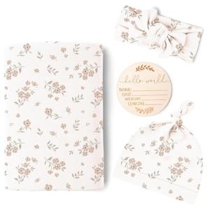 imageKonssy Baby Girl Newborn Receiving Blanket with Matching Headband and Beanie Set Baby Swaddle Nursery Swaddle WrapBlossom