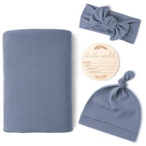 imageKonssy Baby Girl Newborn Receiving Blanket with Matching Headband and Beanie Set Baby Swaddle Nursery Swaddle WrapBlue