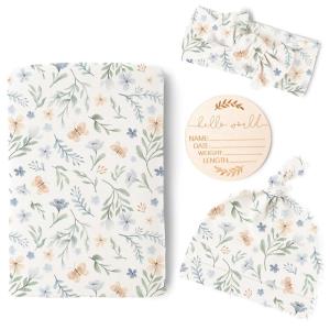 imageKonssy Baby Girl Newborn Receiving Blanket with Matching Headband and Beanie Set Baby Swaddle Nursery Swaddle WrapBlue Grass