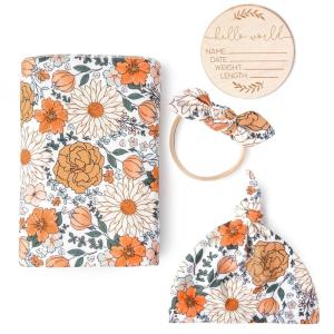 imageKonssy Baby Girl Newborn Receiving Blanket with Matching Headband and Beanie Set Baby Swaddle Nursery Swaddle WrapCream