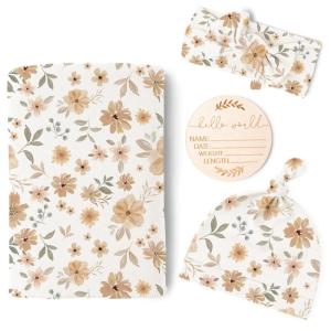 imageKonssy Baby Girl Newborn Receiving Blanket with Matching Headband and Beanie Set Baby Swaddle Nursery Swaddle WrapFloral