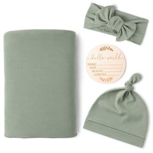 imageKonssy Baby Girl Newborn Receiving Blanket with Matching Headband and Beanie Set Baby Swaddle Nursery Swaddle WrapFog Green