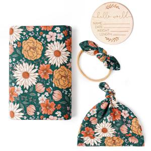 imageKonssy Baby Girl Newborn Receiving Blanket with Matching Headband and Beanie Set Baby Swaddle Nursery Swaddle WrapGreen