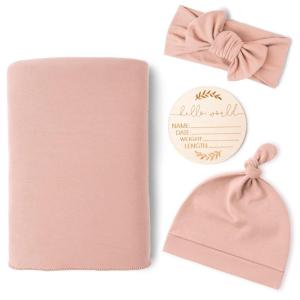 imageKonssy Baby Girl Newborn Receiving Blanket with Matching Headband and Beanie Set Baby Swaddle Nursery Swaddle WrapMillenial Pink