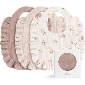 imageKonssy Muslin Baby Bibs for Girls  Soft 100 Cotton Drool Bibs Ruffle Trim for Newborns ampamp Toddlers 036 Months 3Pack