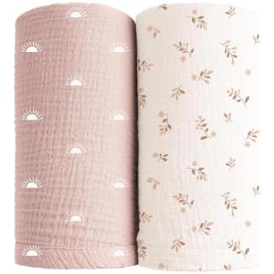 imageKonssy Muslin Swaddle Blankets for Boys Girls 2 Pack Receiving Baby Blanket Large 47 x 47 inches Soft Breathable Swaddling Wrap for Unisex Newborn Pink FloralPink Sun  Khaki Leaf