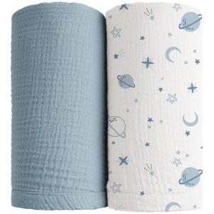 imageKonssy Muslin Swaddle Blankets for Boys Girls 2 Pack Receiving Baby Blanket Large 47 x 47 inches Soft Breathable Swaddling Wrap for Unisex Newborn Pink FloralStar blue