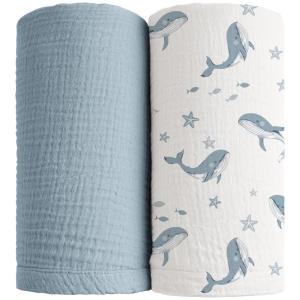 imageKonssy Muslin Swaddle Blankets for Boys Girls 2 Pack Receiving Baby Blanket Large 47 x 47 inches Soft Breathable Swaddling Wrap for Unisex Newborn Pink FloralBlue Whale  Blue