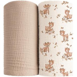 imageKonssy Muslin Swaddle Blankets for Boys Girls 2 Pack Receiving Baby Blanket Large 47 x 47 inches Soft Breathable Swaddling Wrap for Unisex Newborn Pink FloralDeer wheat