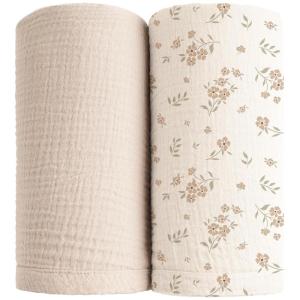 imageKonssy Muslin Swaddle Blankets for Boys Girls 2 Pack Receiving Baby Blanket Large 47 x 47 inches Soft Breathable Swaddling Wrap for Unisex Newborn Pink FloralBlossom cream