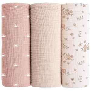 imageKonssy Muslin Swaddle Blankets for Boys Girls 2 Pack Receiving Baby Blanket Large 47 x 47 inches Soft Breathable Swaddling Wrap for Unisex Newborn Pink FloralPeach Blossom Sun