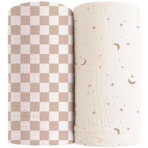 imageKonssy Muslin Swaddle Blankets for Boys Girls 2 Pack Receiving Baby Blanket Large 47 x 47 inches Soft Breathable Swaddling Wrap for Unisex Newborn Pink FloralCoffee Check moon