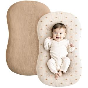 imageKonssy Muslin Baby Lounger Cover 2 Pack 100 Cotton Newborn Lounger Cover Soft and Breathable Lounger Cover for Boys Girls Covers Only Fog GreenCreamCamel  Sun