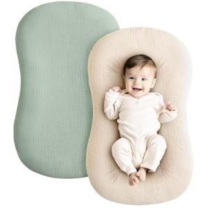 imageKonssy Muslin Baby Lounger Cover 2 Pack 100 Cotton Newborn Lounger Cover Soft and Breathable Lounger Cover for Boys Girls Covers Only Fog GreenCreamGreen Wheat