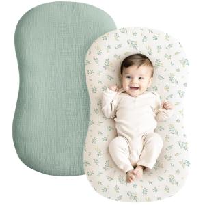 imageKonssy Muslin Baby Lounger Cover 2 Pack 100 Cotton Newborn Lounger Cover Soft and Breathable Lounger Cover for Boys Girls Covers Only Fog GreenCreamLeaf  Green