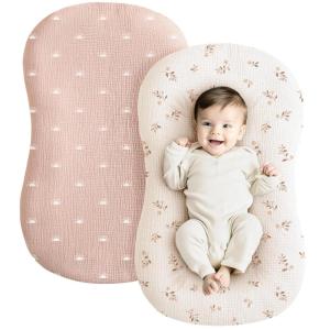 imageKonssy Muslin Baby Lounger Cover 2 Pack 100 Cotton Newborn Lounger Cover Soft and Breathable Lounger Cover for Boys Girls Covers Only Fog GreenCreamPink Sun  Khaki Leaf