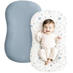 imageKonssy Muslin Baby Lounger Cover 2 Pack 100 Cotton Newborn Lounger Cover Soft and Breathable Lounger Cover for Boys Girls Covers Only Fog GreenCreamStar  Blue