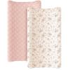 imageKonssy Waterproof Muslin Changing Pad Cover 2 Pack Quilted Cotton Fitted Diaper Changing Table Cover Soft Changing Pad Sheets for Girls Boys Coffee CheckMoonBlossom Pink