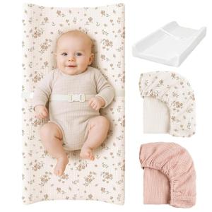 imageKonssy Muslin Changing Pad with Waterproof Lining Foam Includes 100 Cotton Cover 2 Pack Baby Diaper Changing Pad for Dresser or Table 32x16 inches Fog GreenCreamBlossom  Pink
