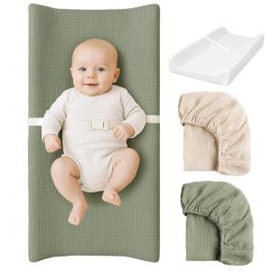 imageKonssy Muslin Changing Pad with Waterproof Lining Foam Includes 100 Cotton Cover 2 Pack Baby Diaper Changing Pad for Dresser or Table 32x16 inches Fog GreenCreamFog Green  Cream