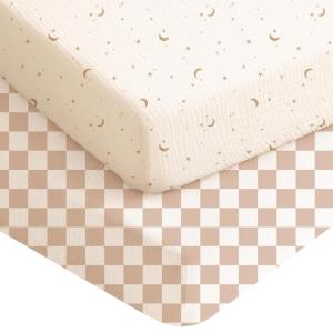 imageKonssy Muslin Crib Sheets for Boys Soft Cotton Neutral Baby Sheets for Standard Crib Mattress 2 Pack 52quotx28quot Soft BloomsTaupeCoffee Check  Moon