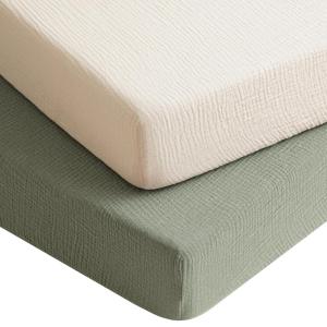 imageKonssy Muslin Crib Sheets for Boys Soft Cotton Neutral Baby Sheets for Standard Crib Mattress 2 Pack 52quotx28quot Soft BloomsTaupeFog Green  Cream