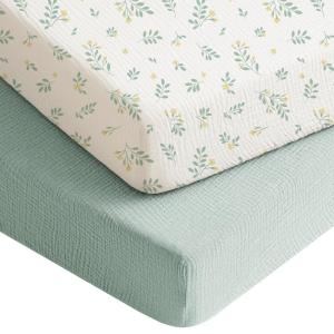 imageKonssy Muslin Crib Sheets for Boys Soft Cotton Neutral Baby Sheets for Standard Crib Mattress 2 Pack 52quotx28quot Soft BloomsTaupeLeaf  Green