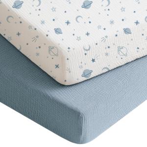 imageKonssy Muslin Crib Sheets for Boys Soft Cotton Neutral Baby Sheets for Standard Crib Mattress 2 Pack 52quotx28quot Soft BloomsTaupeStar blue