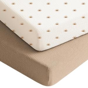 imageKonssy Muslin Crib Sheets for Boys Soft Cotton Neutral Baby Sheets for Standard Crib Mattress 2 Pack 52quotx28quot Soft BloomsTaupeSun  Camel