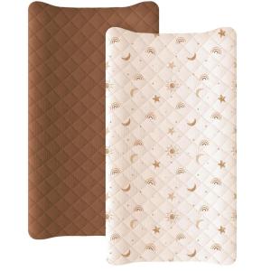 imageKonssy Waterproof Muslin Changing Pad Cover 2 Pack Quilted Cotton Fitted Diaper Changing Table Cover Soft Changing Pad Sheets for Girls Boys Coffee CheckMoonSunbeam Yellow  Coffice