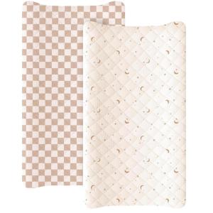 imageKonssy Waterproof Muslin Changing Pad Cover 2 Pack Quilted Cotton Fitted Diaper Changing Table Cover Soft Changing Pad Sheets for Girls Boys Coffee CheckMoonCoffee Check  Moon