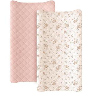 imageKonssy Waterproof Muslin Changing Pad Cover 2 Pack Quilted Cotton Fitted Diaper Changing Table Cover Soft Changing Pad Sheets for Girls Boys Coffee CheckMoonBlossom Pink