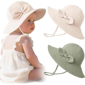 imageKonssy Muslin Baby Sun Hat UPF 50 Sun Protection Wide Brim Summer Beach Hat with Chin Strap Breathable Bucket HatCream Fog Green